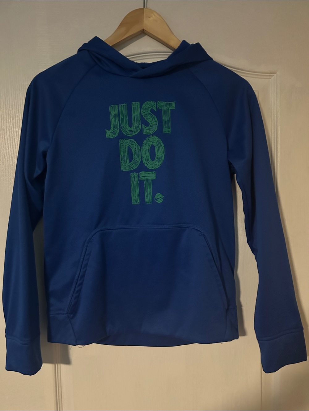 Nike Kids Blue Hoodie with Green "Just Do It." Graphic